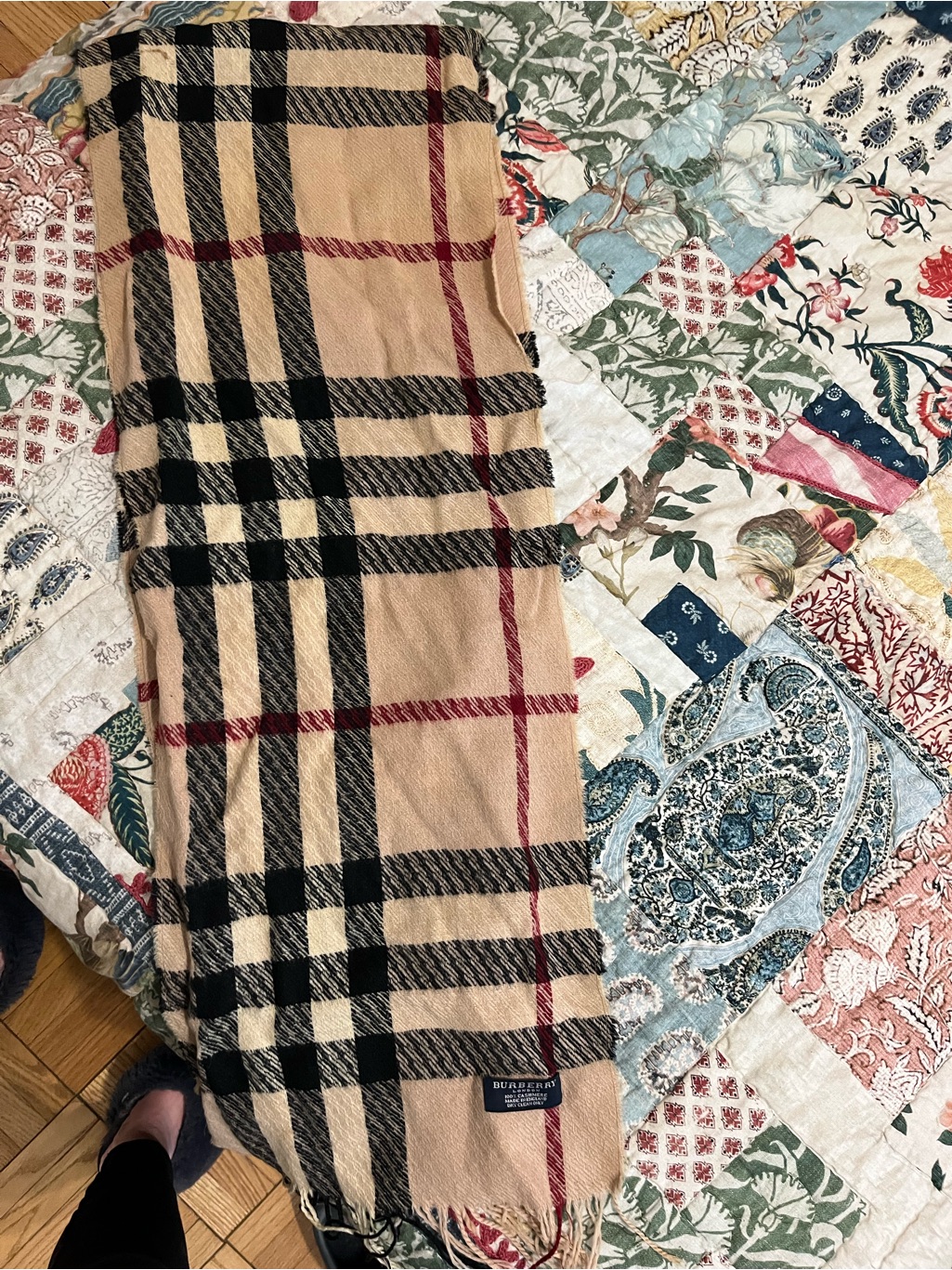Burberry Beige Plaid Cashmere Scarf With Black And Red Stripes
